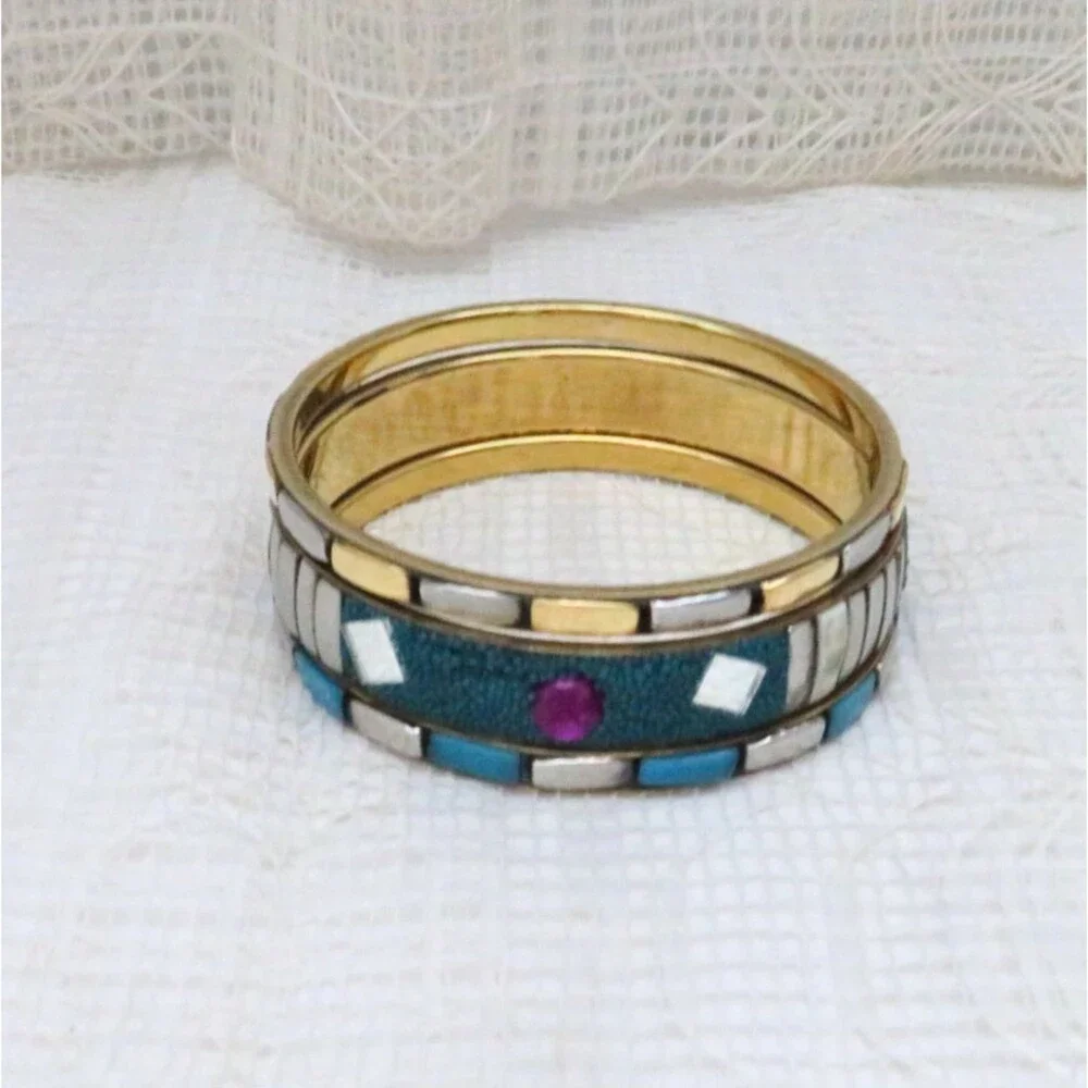 Set of 3 Bangle Bracelets With Gold, Silver, Turquoise Accents Boho Western - Picture 4 of 7
